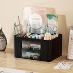 Stationary Organiser 7-Grid Desk Organizer with Drawer – Multifunctional Plastic Table Organizer & Pen Holder for School, Office, and Home (Black)