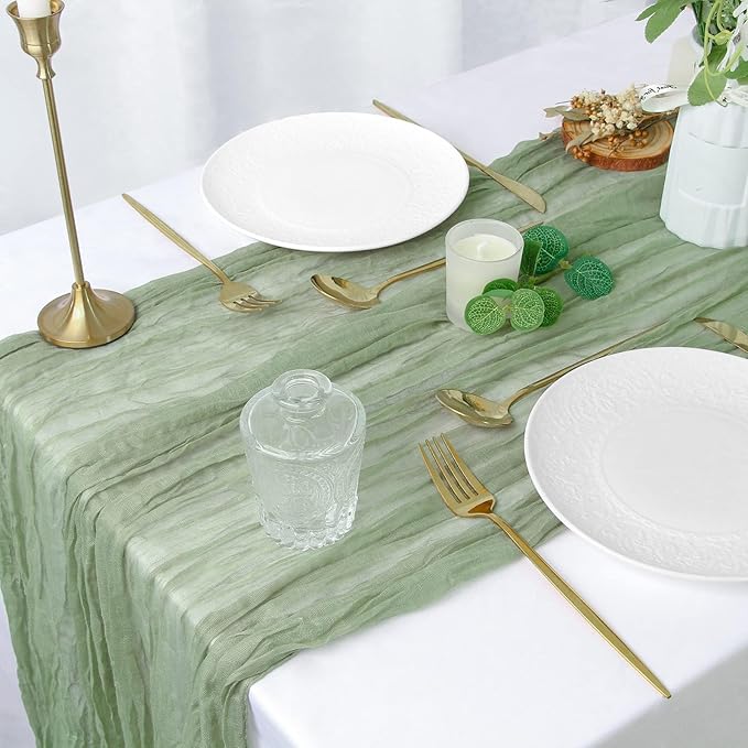 FEXIA 6 Pack Sage Green Table Runner 35x120 Inches for Baby Shower Decoration Gauze Rustic Table Runner for St. Patrick's Day Easter Wedding Party Centerpiece Engagement Bridal Shower Boho Decoration
