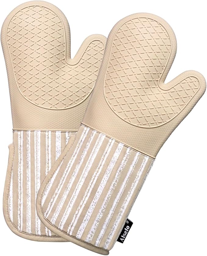 Alselo Silicone Oven Mitts Heat Resistant 932℉ with Waterproof & Non-Slip Kitchen Mittens, Set of 2 Extra Long Oven Gloves with Soft Cotton Terry Lining for Baking Cooking Barbecue (Khaki, 2)