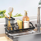 Consumest Sponge Holder for Kitchen Sink - Kitchen Sink Caddy Organizer with Removable Drip Tray for Countertop Dish Soap Dispenser Brush Storage Accessories 304 Stainless Steel - Black