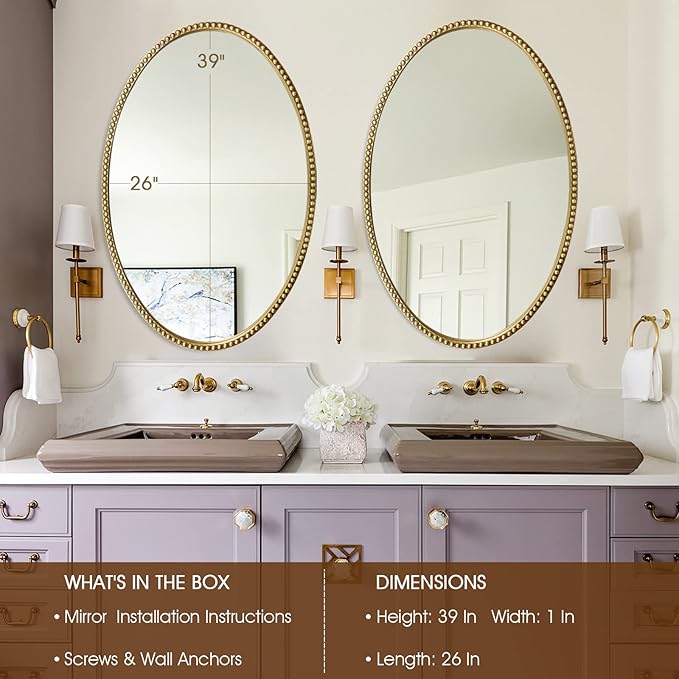 Oval Wall Mirror for Bathroom, 26"x39" Antique Gold Metal Beaded Frame Decorative Accent Mirror, Large Hanging Vanity Mirror for Bedroom, Living Room, Entryway