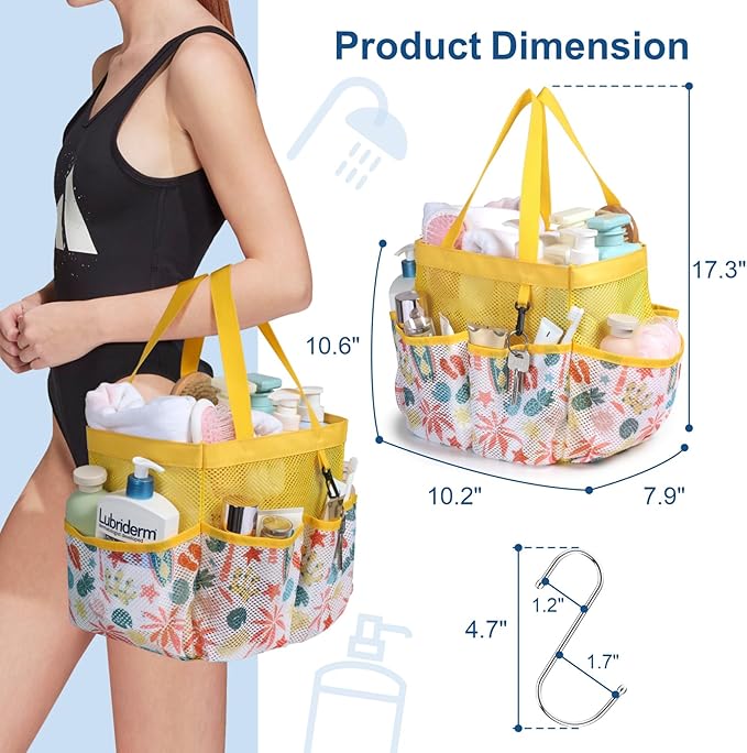 F-color Shower Caddy Portable - Mesh Shower Bag Basket Tote for College Dorm Room Essentials Bathroom Gym Camp Quick Dry for Women Men with S Hook, Yellow Beach