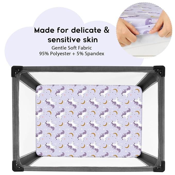Yoofoss Pack and Play Sheets Fitted, Mini Crib Sheets 2-Pack for Pack N Play Mattress, Stretchy Playard Sheet, Soft and Breathable (Purple+Unicorn)