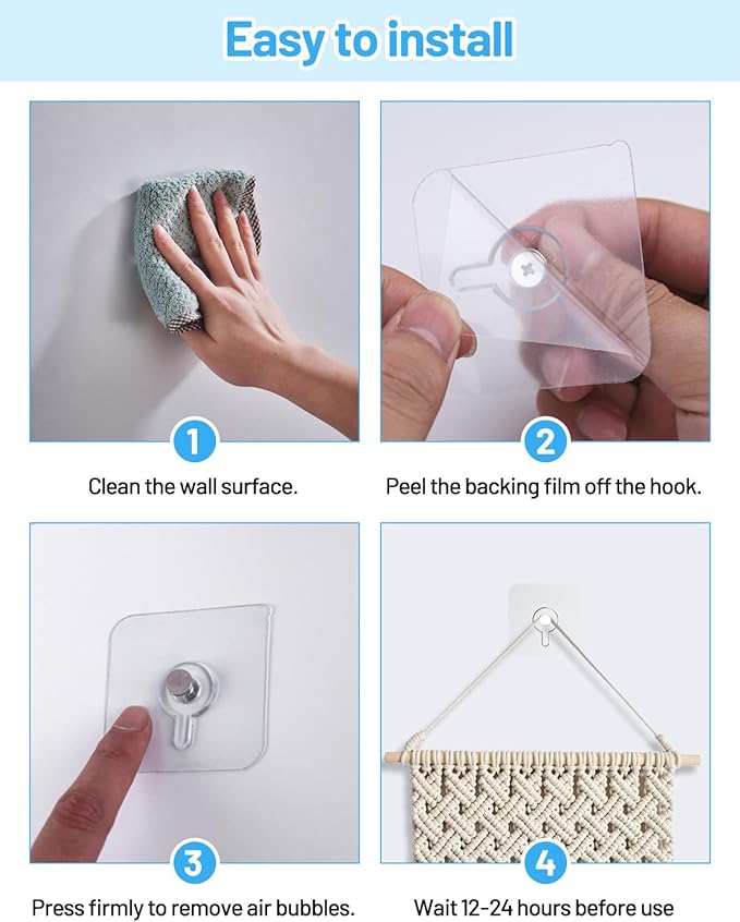 16 Pcs Picture Hangers Without Nails, 20 Ibs Load Heavy Duty Self Adhesive Wall Hooks for Hanging, Waterproof Adhesive Picture Hooks for Bathroom Kitchen, Transparent Sticky Hooks for Frames