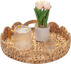 Yangqihome Round Scalloped Serving Tray, 14 inch Decorative Water Hyacinth Scalloped Basket with Built-in Handles, Round Ottoman Trays for Coffee Table for Kitchen and Living Room