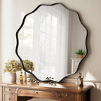 Round Wavy Mirror 42 Inch Bathroom Vanity Mirror Metal Frame Circle Wall Mounted Mirror for Bedroom Living Room Entryway Black
