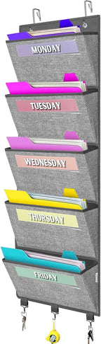 homyfort Over the Door hanging File Organizer, Weekly Hanging File Folders, Wall Organizers and Storage for Mail, Magazine, Notebooks, Office, Classroom, 5 Large Pockets, 50.39” Tall, Grey