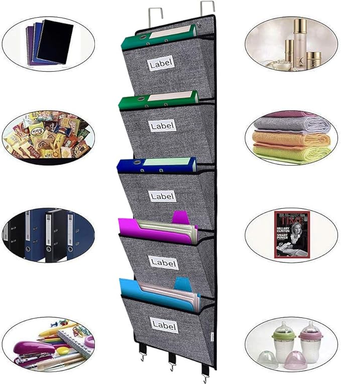homyfort Over the Door File Organizer Hanging File Folders, Wall Organizers and Storage for Mail, Magazine, Notebooks, Planners, Office, Classroom, 5 Extra Large Pockets (Black with Pattern)