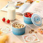 vancasso 6 oz Ramekins with Lid, Porcelain Creme Brulee Souffle Dishes, Blue Pudding Custard Cups Ramiken for Baking, Dishwasher and Oven Safe, Set of 6