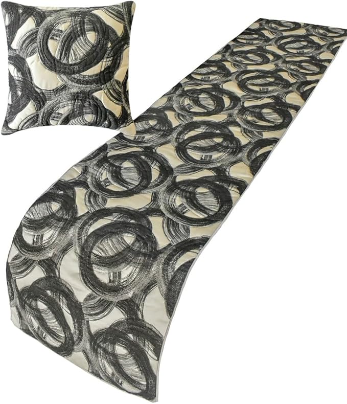 The HomeCentric King/Queen/Twin Black Decorative Twin 53"x18" Bed Runner with 2 Pillow Cover, Circle, Rings, Quilted Bed Scarf on Jacquard Fabric - Circlewise