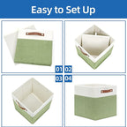 Temary 12 Inch Fabric Storage Cubes Storage Bins with Leather Handles, 4 Pack Cube Baskets Bins for Organizing Closet, Foldable Cloth Baskets for Shelves (White&Green)