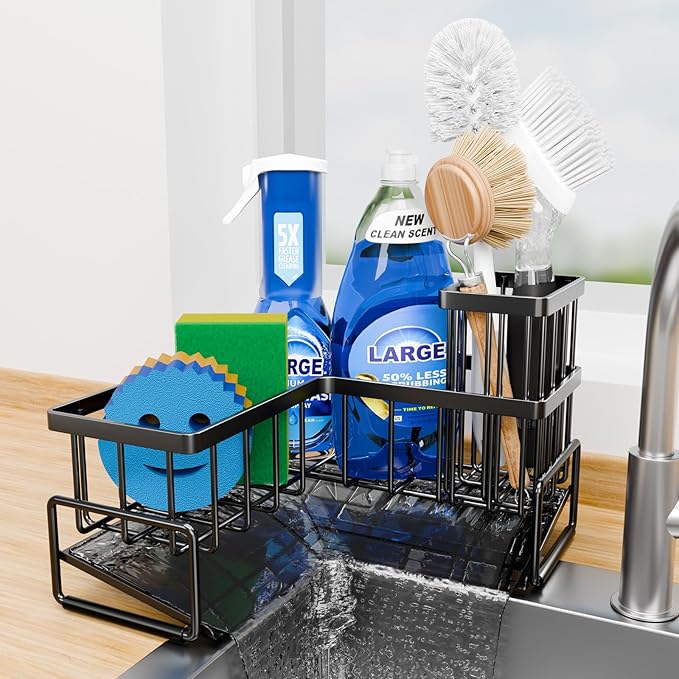 Fikoksol Large Sponge Holder for Kitchen Sink, 90-Degree Sink Caddy Organizer with Dish Brush Holder for Countertop Corner Storage Rack, Metal L-Shaped Kitchen Sink Sponge Soap Organizer Storage Ideas
