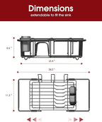 Sakugi Dish Drying Rack in Sink - Expandable Stainless Steel Dish Rack Over The Sink, Kitchen Sink Drain Strainer with Cutlery Holder & Cup Holders, 15.4 x 11.3 x 6.6 Inch, Black