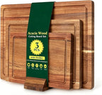 3 PCS Acacia Wood Cutting Board Set with Stand, Thick Chopping Boards for Kitchen, Deep Juice Grooves, Easy Grip Handle, Non-slip Heavy Duty Charcuterie Board for Meat, Cheese, Vegetables and Fruits