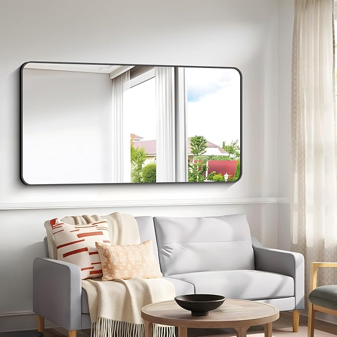 BONEWEI 30x60 inch Bathroom Mirror,Black Rectangle Mirror,Wall Mounted Bathroom Frame Vanity Mirror with Round Corner for Bedroom Living Room, Entryway Hangs Horizontal or Vertical