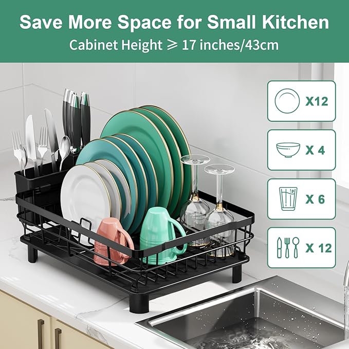 MOUKABAL Dish Drying Rack, Dish Rack, Stainless Steel Dish Racks for Kitchen Counter, Dish Drainer with Removable Utensil Holder, Drainboard (Black,13''W x 17''L)
