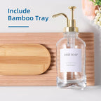 Glass Soap Dispenser with Pump, Dish and Hand Soap Dispenser for Kitchen Bathroom Set, Clear Glass Dispenser Set of 2 Pack with 18 Stickers Funnel Bamboo Tray 500ml 18oz / Each Bottle Gold Pump