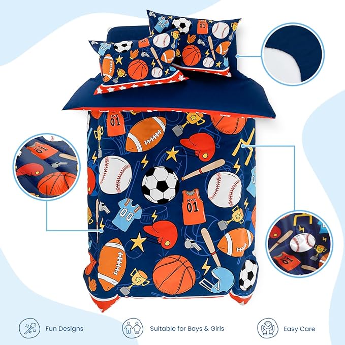 SANDJEST Sports Bedding Sets for Boys, Ultra Soft Microfiber Comforter Full Size Set with 4-Pieces, Comforters for Kids Children Boy Bedroom Decor