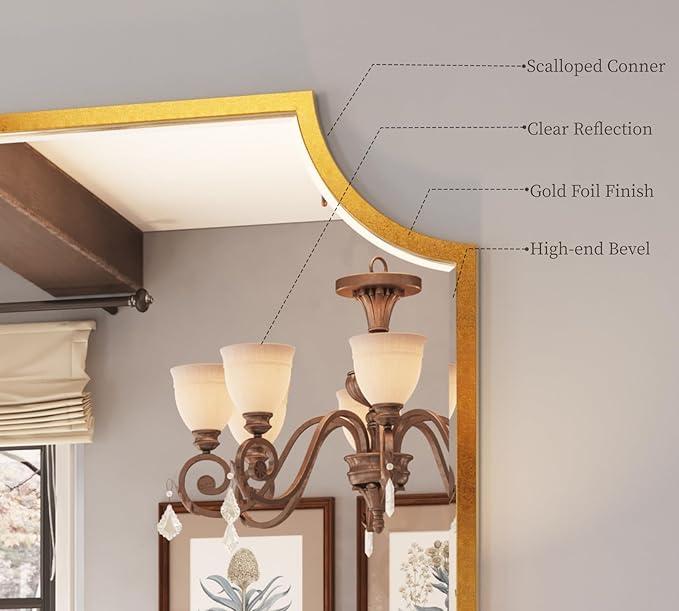 Kelly Miller 30"x40" Large Gold Bathroom Mirror for Wall, Gold Scalloped Vanity Mirror Bevelled Framed Decorative Mirror for Master Bath Half Bath Entrance Hallway Bedroom Living Room Fireplace Mantle