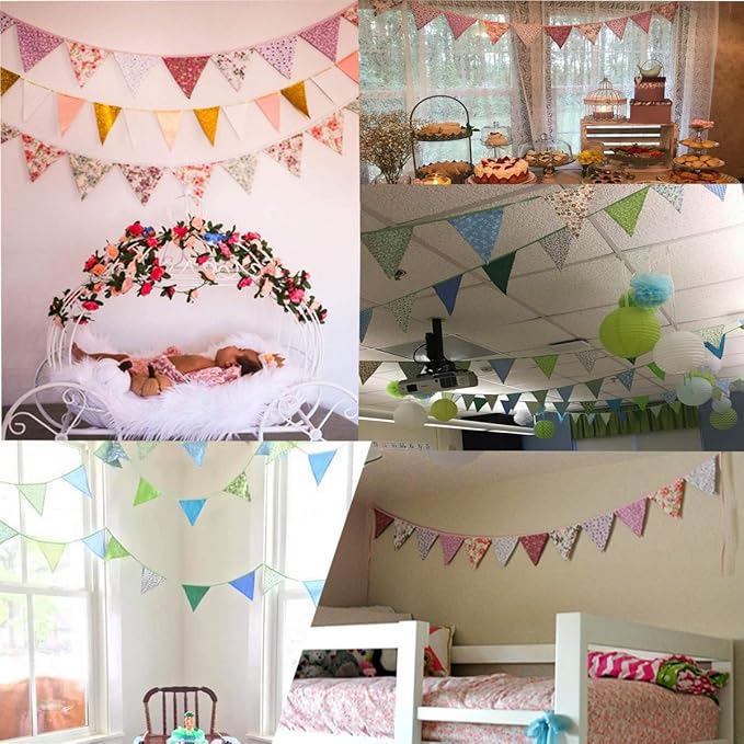 10M/32Ft Triangle Bunting Banner, 36 Pcs Cotton Fabric Flags Pennant Garlands for Birthday Party, Wedding, Baby Shower, Outdoor and Home Decorations (Purple)