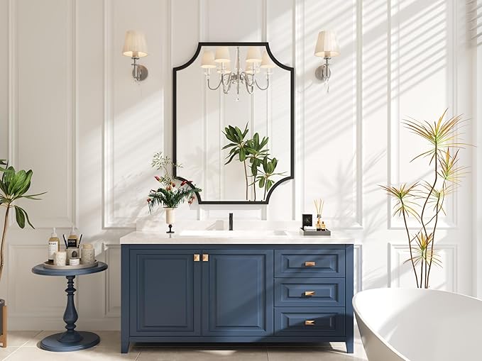Kelly Miller 30"x40" Large Black Bathroom Mirror for Wall, Gold Scalloped Vanity Mirror Bevelled Framed Decorative Mirror for Master Bath Half Bath Entrance Hallway Fireplace Bedroom Living Room