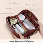 Prite Makeup Bag for Women Travel Waterproof Vegan Leather Cosmetic Bag Open Flat Toiletry Bag With Clear Divider and Handle (Dark Red, Medium)