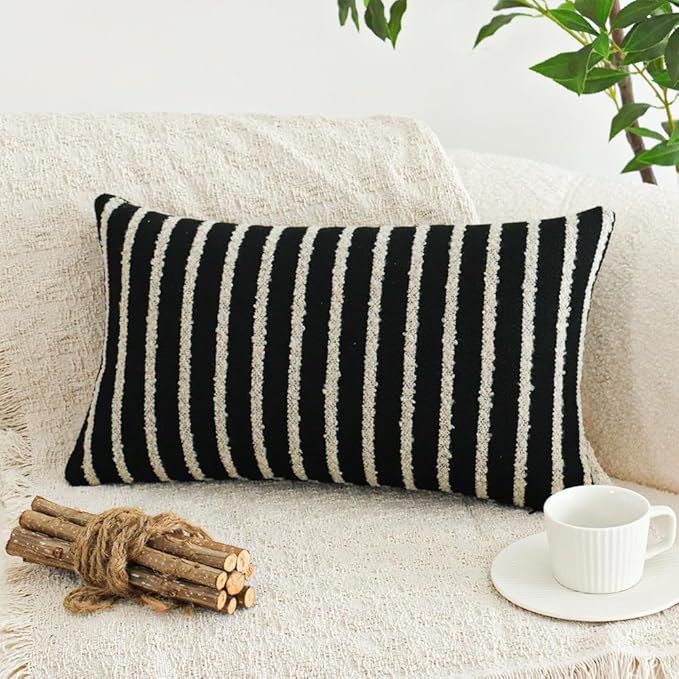 Jonhier Black Striped Lumbar Boho Throw Pillow Cover, Modern Boucle Textured Rectangle Pillowcase for Sofa Couch Bed, Neutral Farmhouse Accent Decorative Cushion Cover for Living Room, 12 x 20 inch