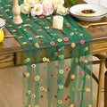 Artoid Mode Dark Green Embroidery Daisy Gauze Table Runner 120 Inch 10FT, Seasonal Sheer Kitchen Dining Holiday Wedding Birthday Table Decor for Home Party