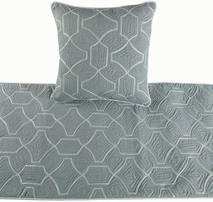The HomeCentric King Queen Twin Grey Blue Bed Runner with 2 Decorative Throw Pillow Cover, Full Size 68"x18" Bed Runner with Pillow Cover, Linen Quilted Embroidery, Modern Contemporary - Atmosphere
