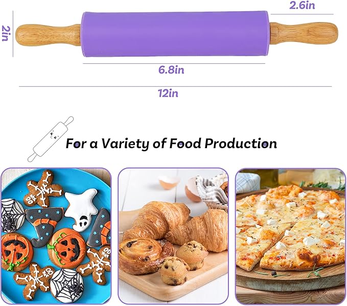 Koogel Rolling Pin for Baking, 12 Inch Non-Stick Silicone Surface, Wooden Handle Rolling Pin for Baking Pies, Pastry, Cookies, Kitchen Essential