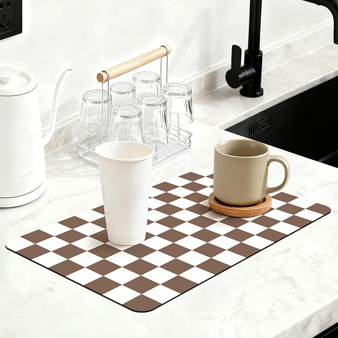 16" x 24" Checkered Dish Drying Mat for Kitchen Counter, Absorbent Coffee Bar Mat for Espresso Machine Coffee Countertops Accessories, Coffee Brown