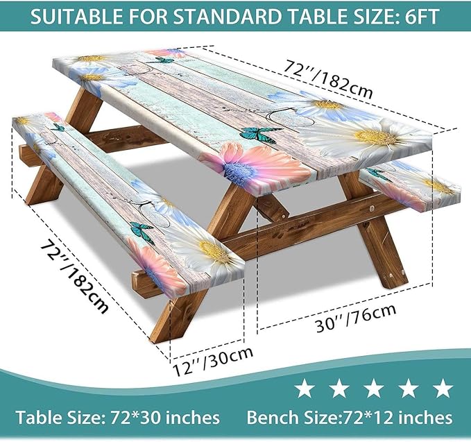 Rustic Daisy Flower Wooden Picnic Table Cover with Bench Covers, Farmhouse Flower Waterproof Wood Board Tablecloth for Patio Camping Outdoor Party Decorations with Drawstring Bag, 30X60in, 3PCS