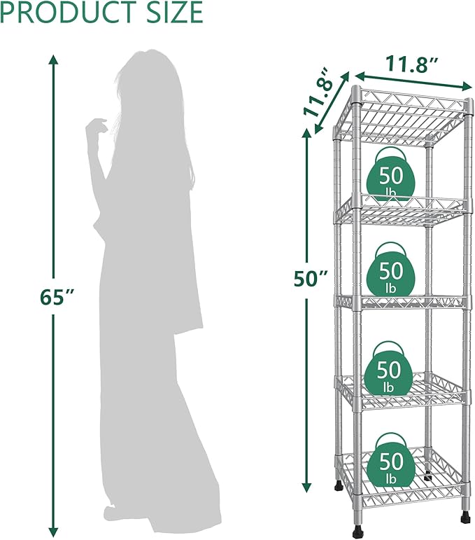 GIOTORENT 5 Tier Standing Shelving Metal Units, Adjustable Height Wire Shelf Display Rack for Laundry Bathroom Kitchen 11.8 W x 11.8 D x 50 H (5-Tier, Grey, Matte/Glossy Finish)