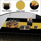 QZYL 12Pack Plastic Table Cloth Disposable, 54" x 108" Waterproof Black Table Cloths with Gold Dots, Outdoor Tablecloth for Rectangle, Table Cloth Cover for New Years Eve Decorations Holiday Birthday