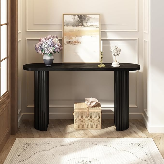 55" Fluted Console Table with Solid Wood Legs, Long Farmhouse Entryway Table with Rounded Corners, Morden Sofa Tables Behind Couch for Foyer, Entrance, Living Room, Hallway, Black