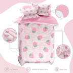 SANDJEST Strawberry Comforter Set Full Size 98x86in for Kids Girls, Microfiber 4 Pcs Bedding Set Includes 1 Comforter, 2 Pillowcases, 1 Fitted Sheet, Nursery Room Decor