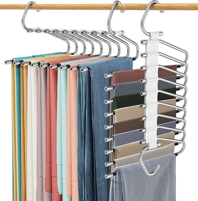 Upgrade 9 Layers Pants Hangers Space Saving, 2 Pack Multifunctional Pants Rack Non Slip Stainless Steel Clothes Space Saver Hangers Closet Organizers Storage for Pants Jeans Leggings, Creamy White