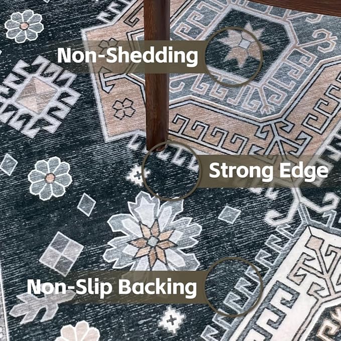 9x12 Area Rugs Black and White Washable Rug for Living Room, Dining Room, Bedroom, Large Carpets, Non Slip & Non-Shedding Low Pile Vintage Print Rug for Home Office Decor