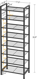 8 Tiers Narrow Shoe Rack 16-24 Pairs, Sturdy Metal Tall Shoe Rack with 4 Hooks, Slim Shoe Storage Organizer with Metal Shelf, Space Saving Vertical Shoe Shelf for Entryway, Closets, Black