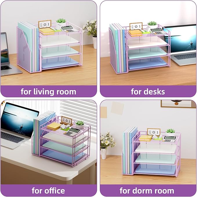 Marbrasse Desk Organizer and Accessories，4-Tier Paper Letter Tray Organizer with File Holder，Desk Accessories & Workspace Desktop Organizers for School Home Office Supplies (Purple)