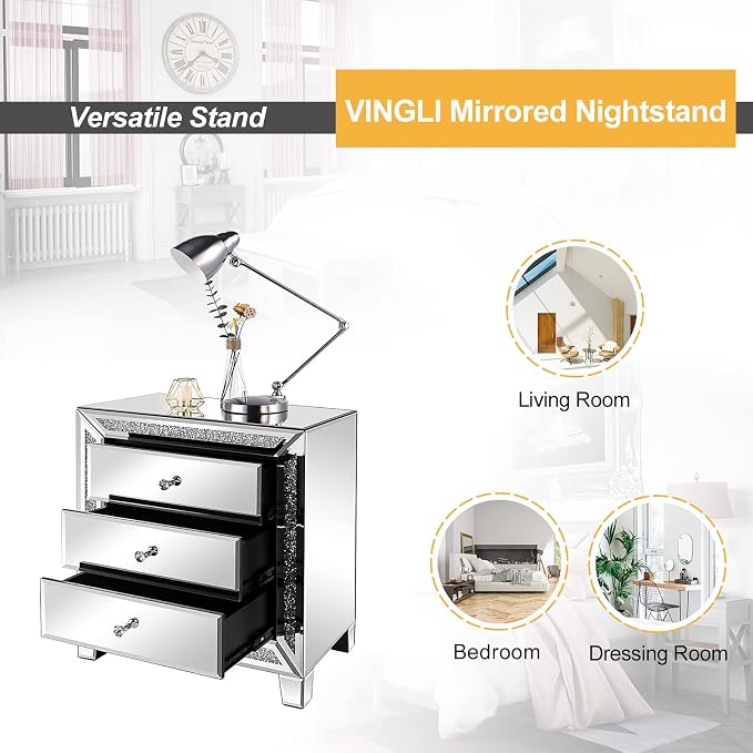 VINGLI Mirrored Nightstands Set of 2, Modern Bedside Table 3 Drawer Glass Side