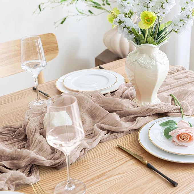 Asee'm 2pcs Cheesecloth Table Runner 120 Inches Long Nude Pink Boho Gauze Cheese Cloth Runner 10FT Rustic Sheer Table Runners for Christmas Wedding Party Baby Shower Spring Easter Decoration