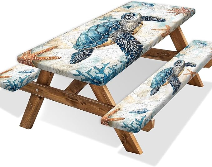 Picnic Table Cover with Bench Covers 6FT, Camping Essentials, Nautical Sea Turtle Ocean Windproof Waterproof Picnic Table Cloth, Fitted Tablecloth with Elastic Edge for Indoor Outdoor 3PCS 30x60 Inch