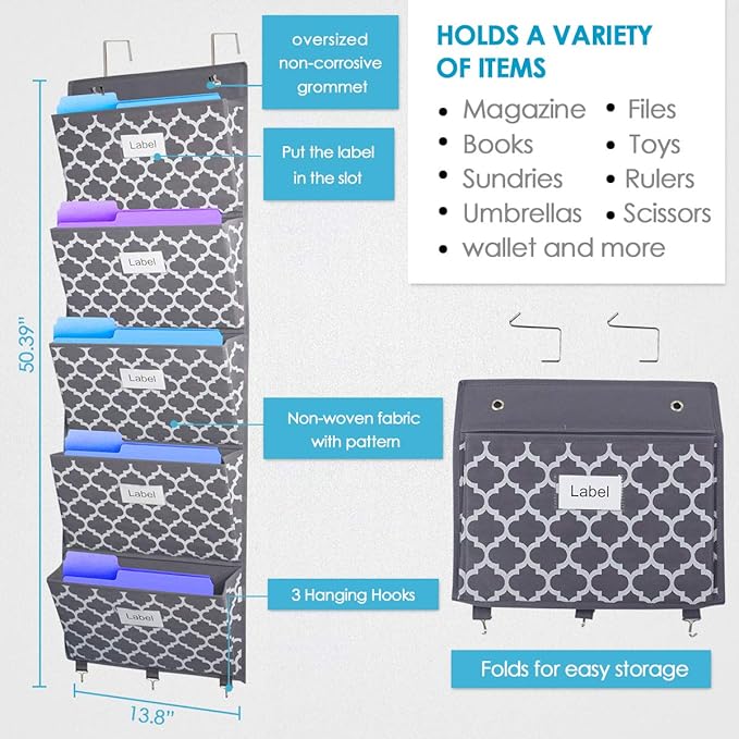 homyfort Over the Door File Organizer, Hanging File Folders, Wall Organizers and Storage for Mail, Magazine, Notebooks, Planners, Office, Classroom, 5 Extra Large Pockets (Grey Lantern Pattern)