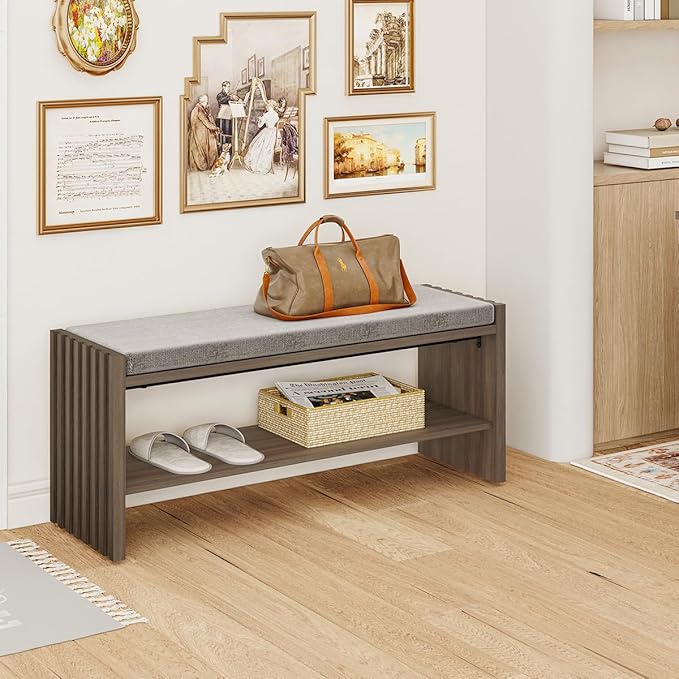 BON AUGURE Shoe Storage Bench Bedroom, Entryway Bench with Cushion, Ottoman Benches for Living Room Hallway Entry (Greige Oak, 40 Inch Wide)