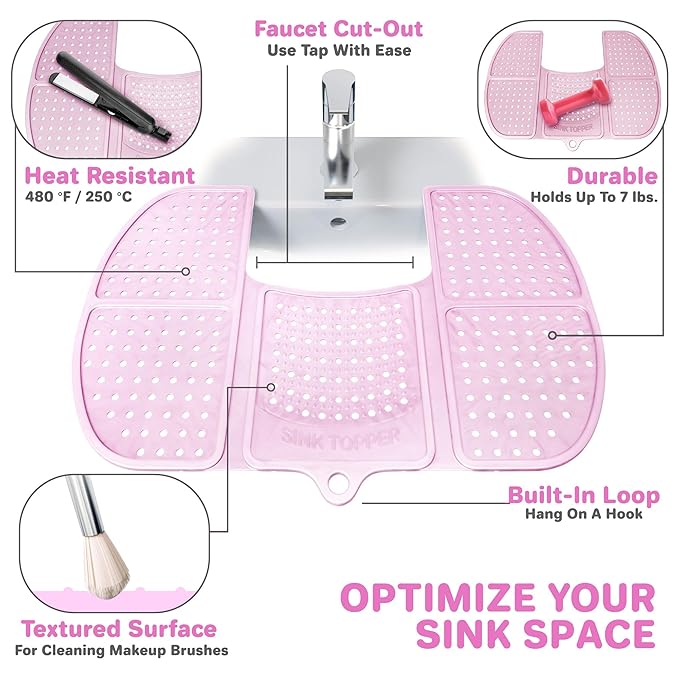 Sink Topper Bathroom Counter Cover & Storage Saver, Foldable Silicone Mat for Hot Tools, Hair Styling & Makeup, Beauty Brush Cleaning Mat, RV Camper Sink Cover & for Small Spaces (Large Pink)