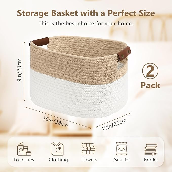 ECDYQXVU Cotton Rope Basket, Storage Baskets with Handle, 15x10x9 Inch Woven Basket for Shelves, Laundry, Towels, Clothes, Books (White/Beige 2Pack)