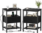 DUMOS Nightstand Set of 2 with Wireless Charging Station Bed Side Tables with Adjustable Fabric Drawers and 3 - Tier Storage End Tables Modern Design, Black