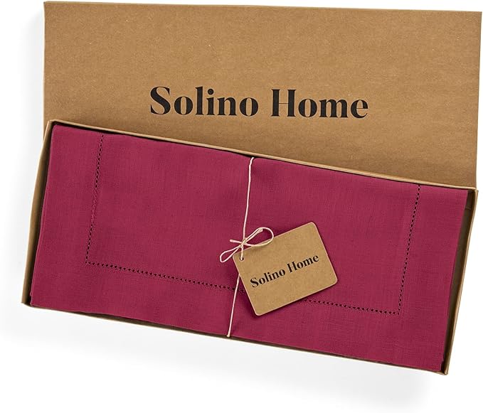 Solino Home Linen Table Runner 48 Inches - 100% Pure Linen Beet Hemstitch Table Runner 14 x 48 Inch Ideal for Dresser and Coffee Tables - Winter, Holiday, Christmas - Classic Hemstitch