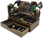 Nightstand Organizer for Men with Large Drawer, Wood Phone Docking Station for Phone, Apple Watch, Wallet & Keys, Ideal Birthday Gift for Father Husband, Bedside Desk Organizer (Brown)